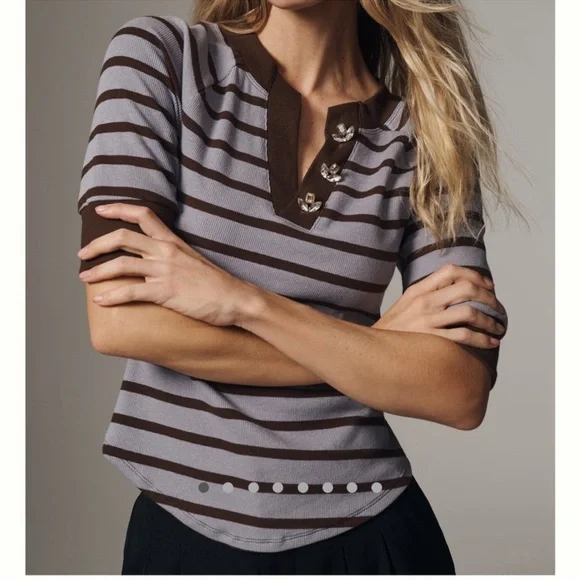 Anthropologie Maeve Half Sleeve Henley Ribbed Striped Jeweled Button Shirt Top - Picture 2 of 8